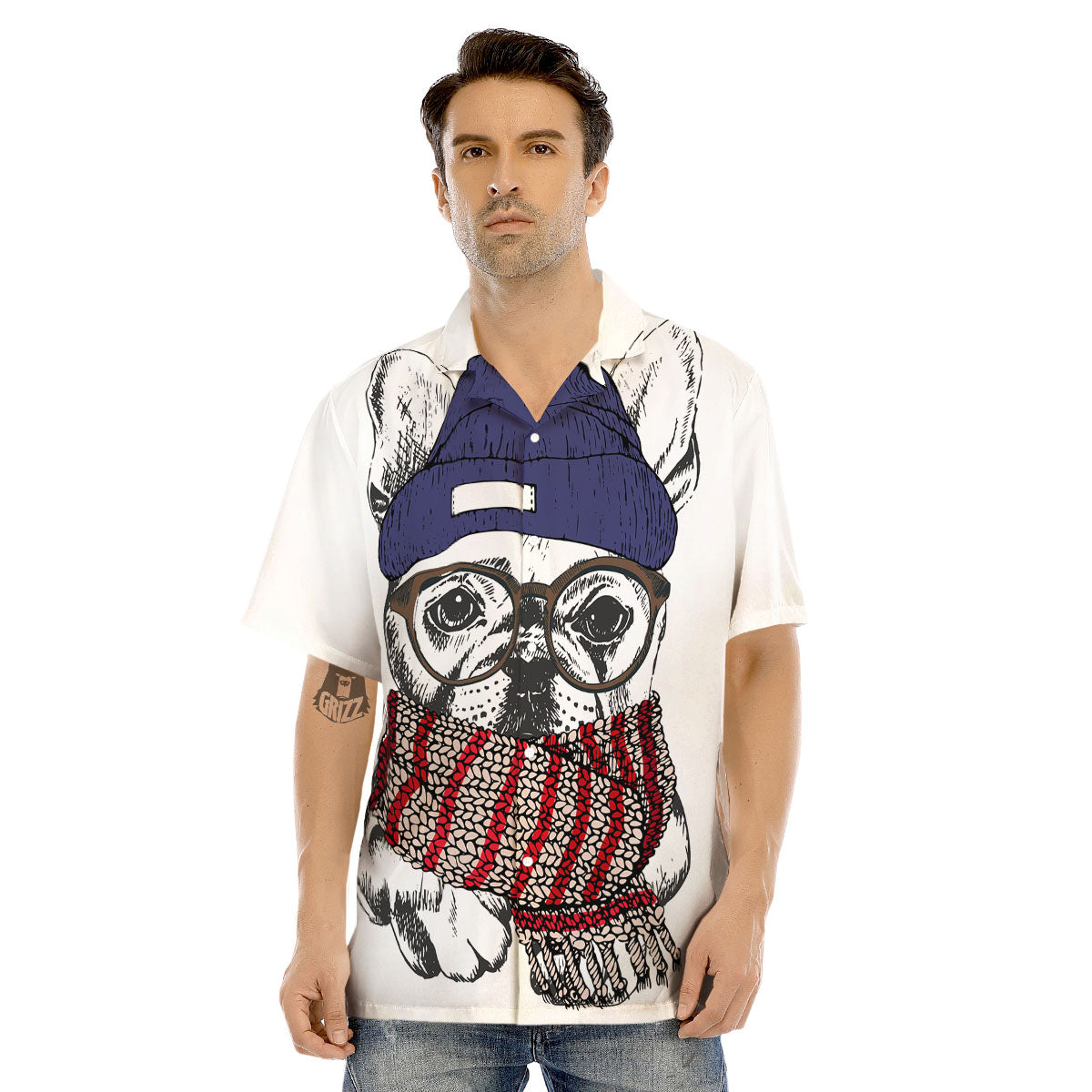 French Bulldog Wearing Glasses Print Men's Hawaiian Shirt-grizzshop