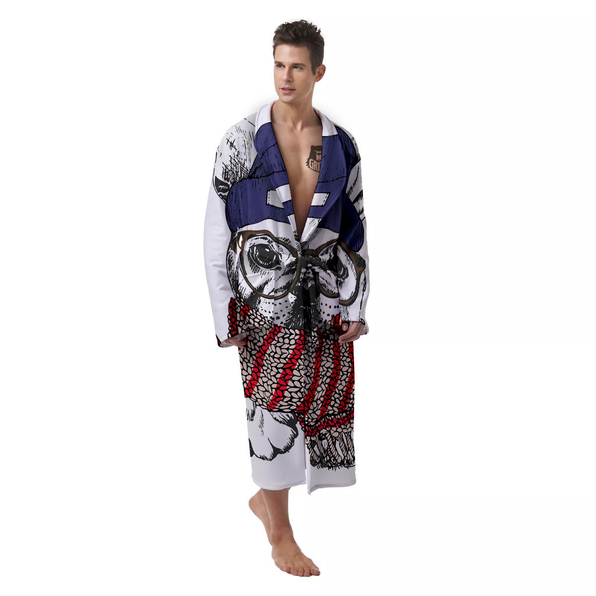 French Bulldog Wearing Glasses Print Men's Robe-grizzshop