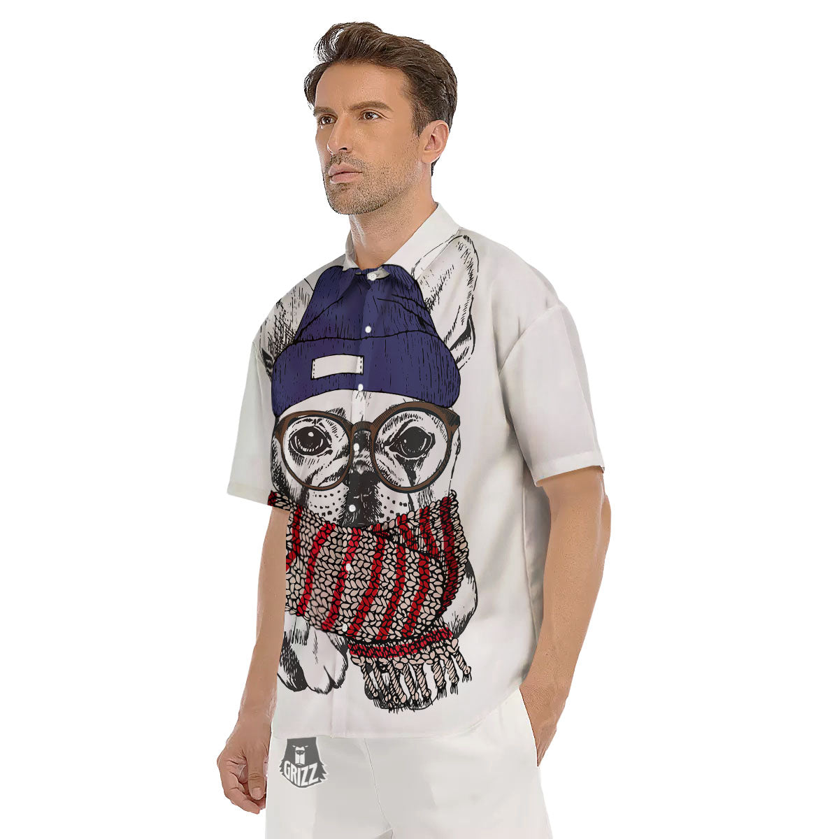 French Bulldog Wearing Glasses Print Men's Short Sleeve Shirts-grizzshop