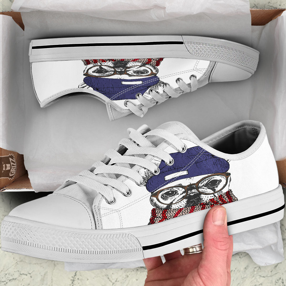 French Bulldog Wearing Glasses Print White Low Top Shoes-grizzshop