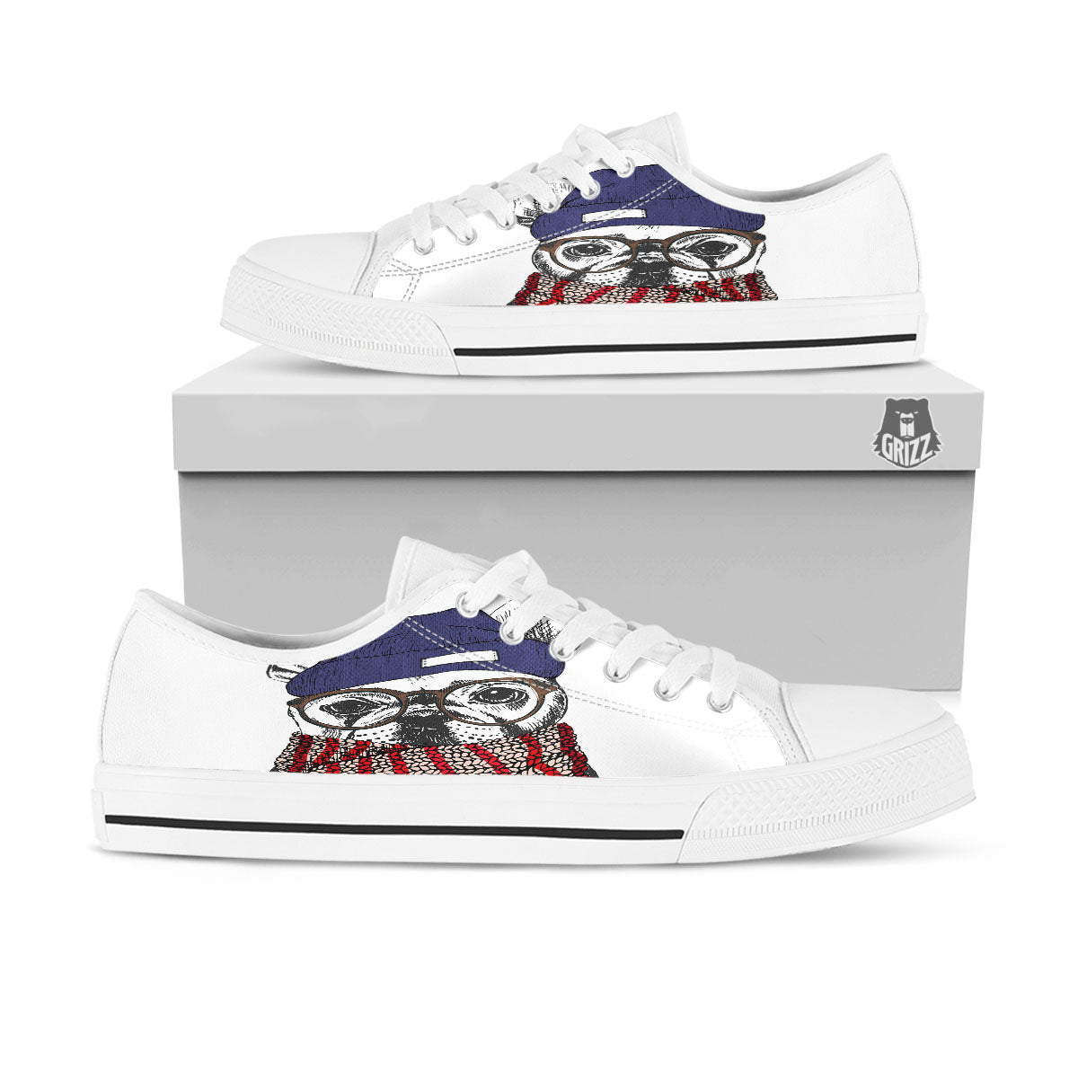 French Bulldog Wearing Glasses Print White Low Top Shoes-grizzshop