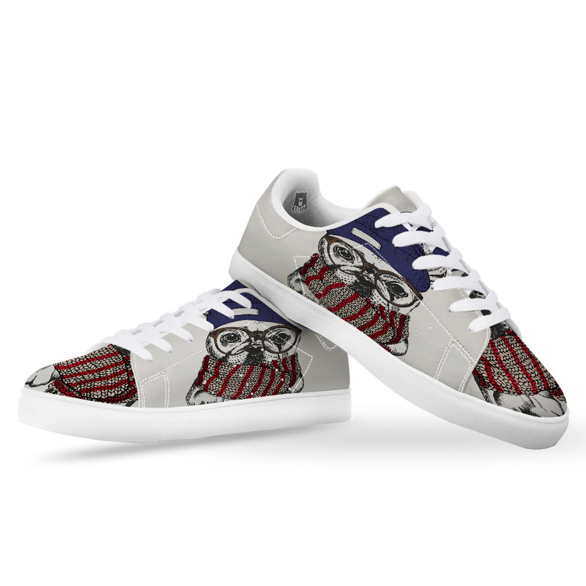 French Bulldog Wearing Glasses Print White Low Top Sneakers-grizzshop