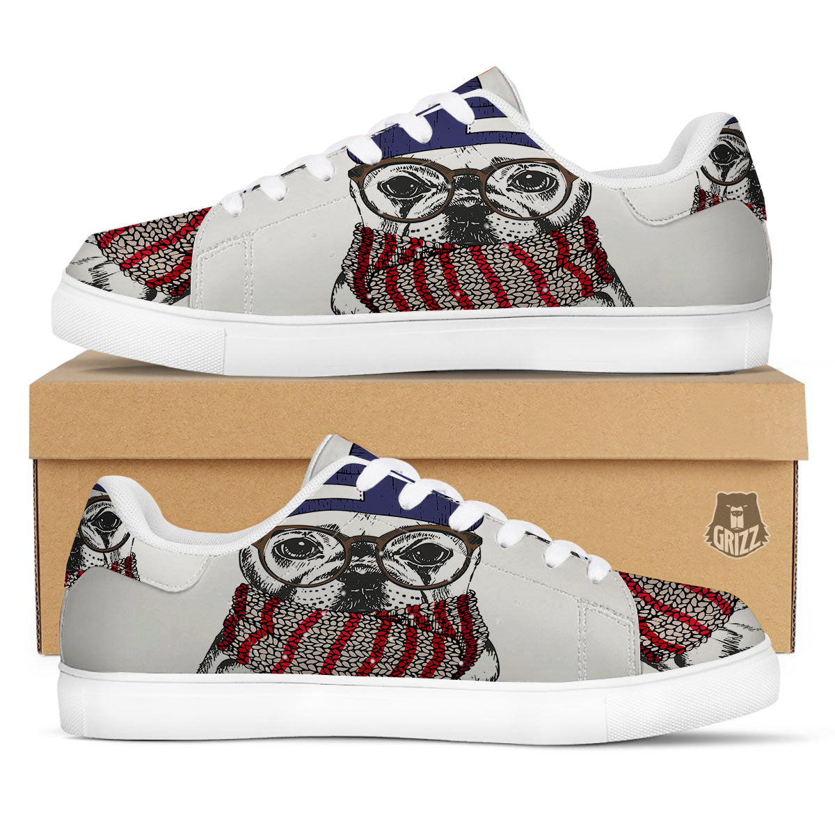 French Bulldog Wearing Glasses Print White Low Top Sneakers-grizzshop