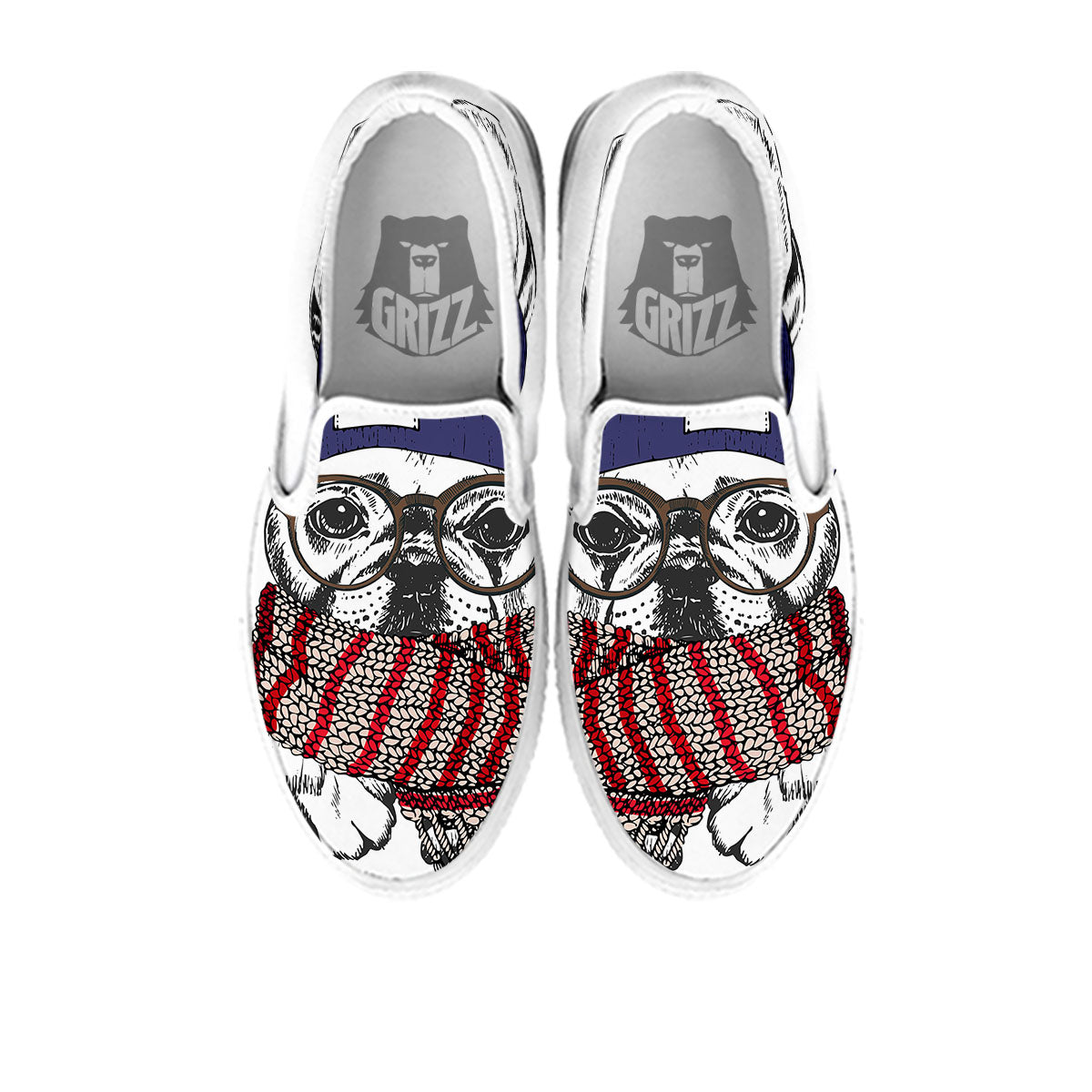 French Bulldog Wearing Glasses Print White Slip On Shoes-grizzshop