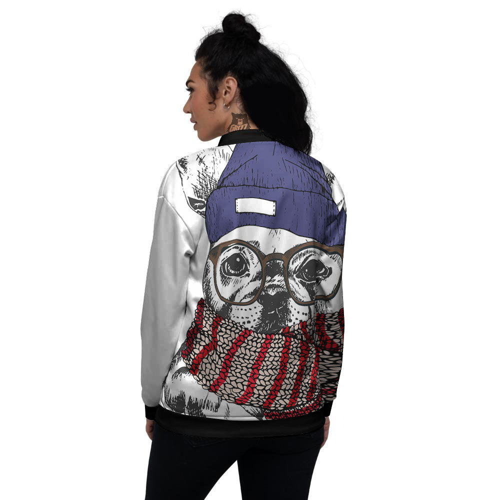 French Bulldog Wearing Glasses Print Women's Bomber Jacket-grizzshop