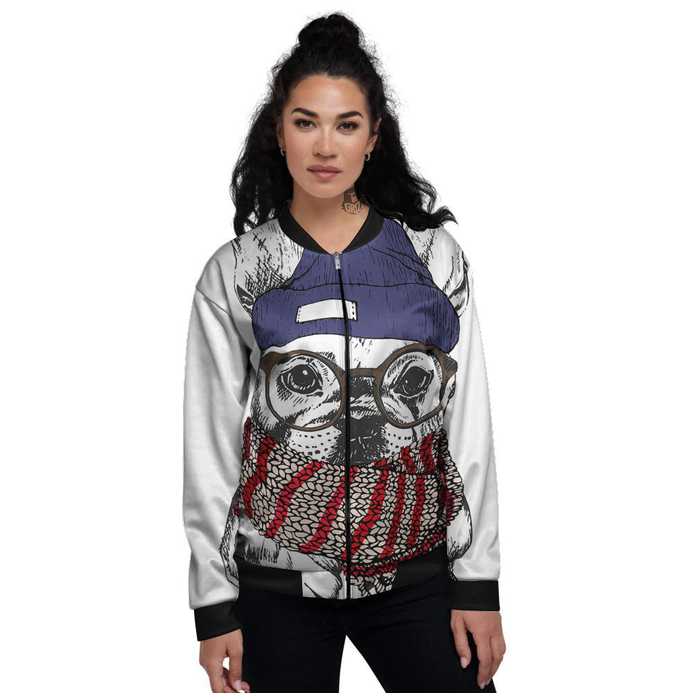 French Bulldog Wearing Glasses Print Women's Bomber Jacket-grizzshop