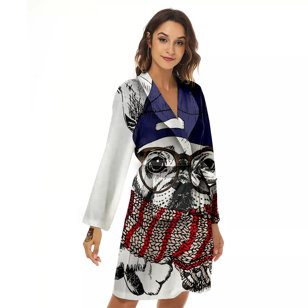 French Bulldog Wearing Glasses Print Women's Robe-grizzshop