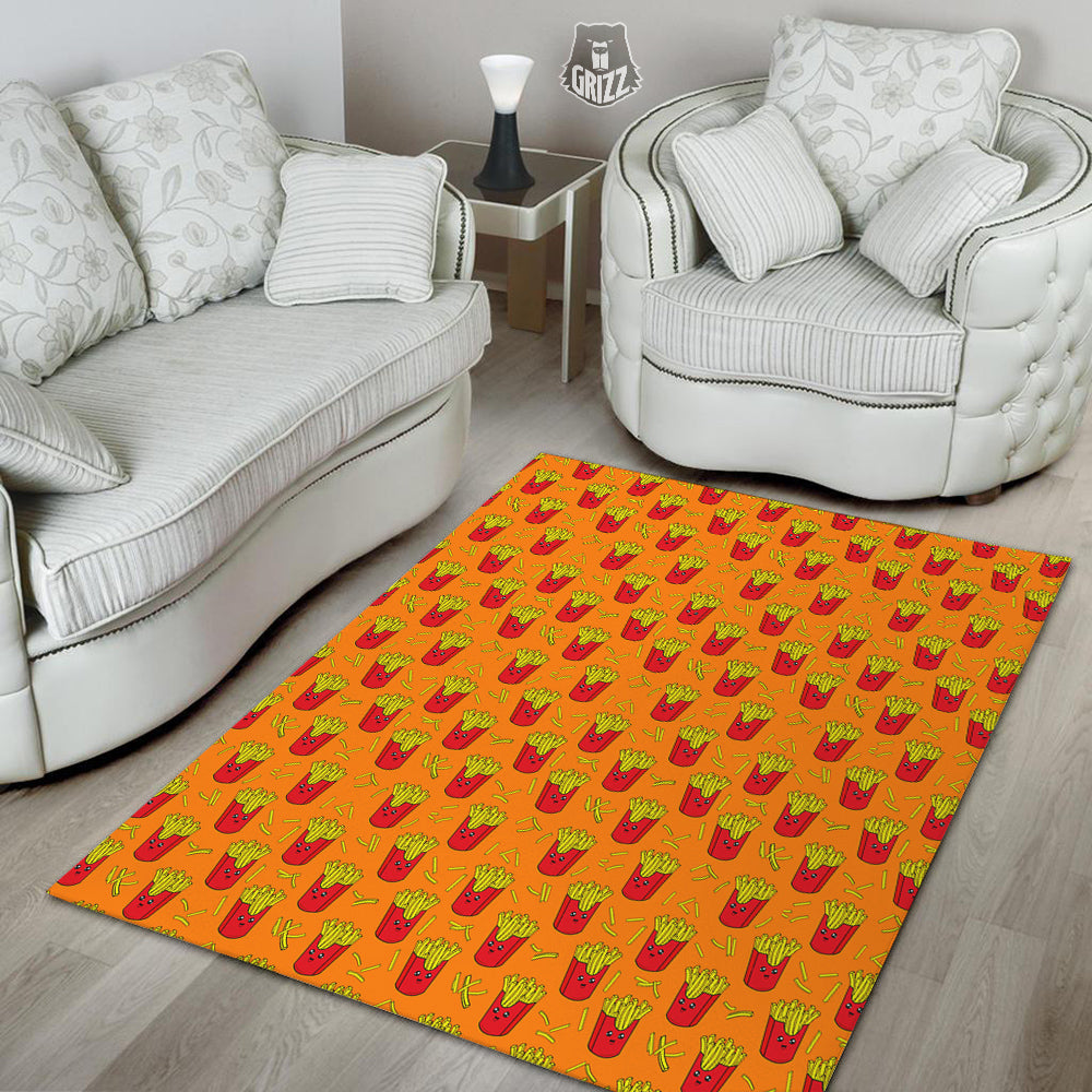 French Fries Cartoon And Orange Print Pattern Floor Mat-grizzshop