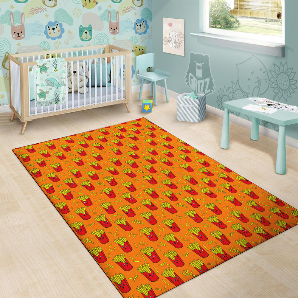 French Fries Cartoon And Orange Print Pattern Floor Mat-grizzshop