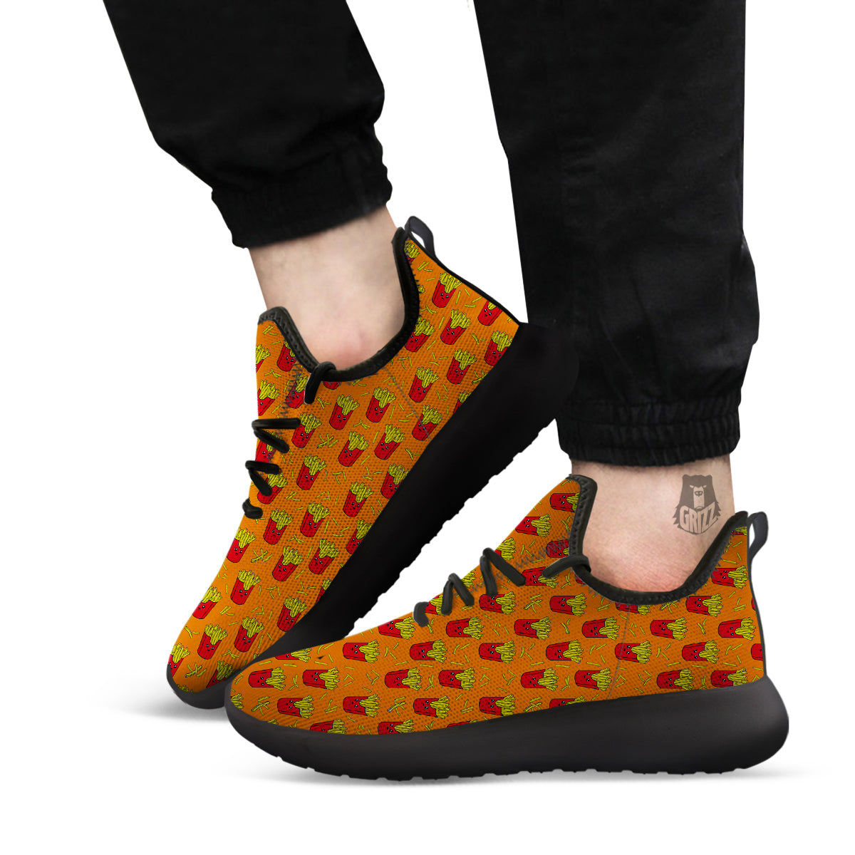 French Fries Cartoon Print Pattern Black Athletic Shoes-grizzshop