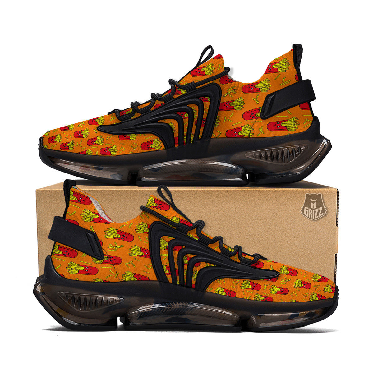 French Fries Cartoon Print Pattern Black Gym Shoes-grizzshop