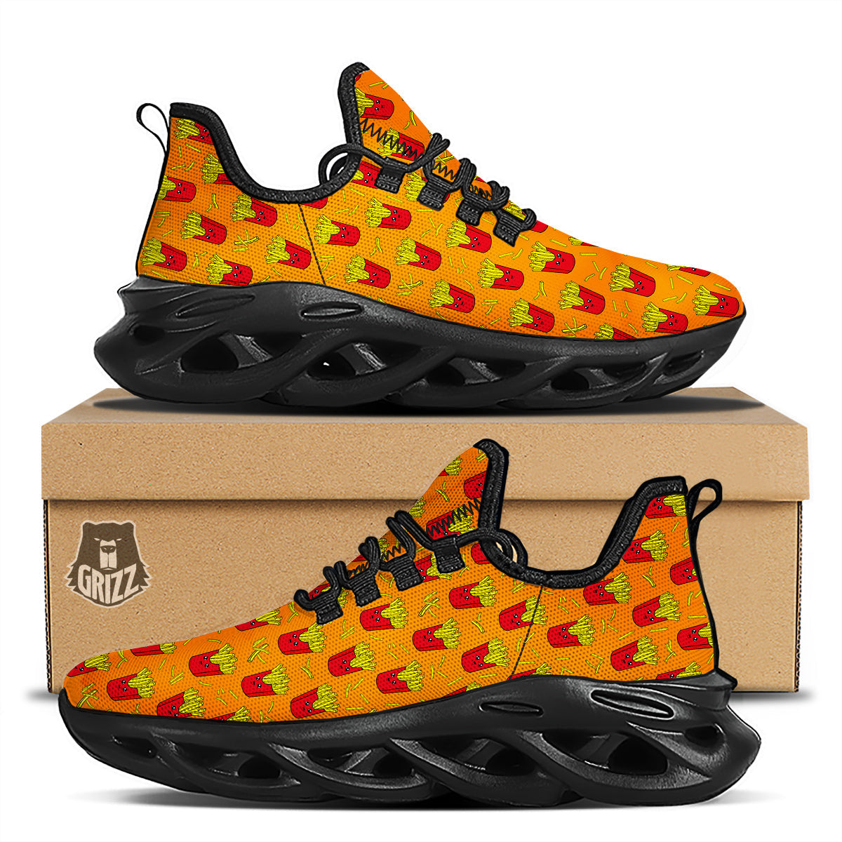 French Fries Cartoon Print Pattern Black Running Shoes-grizzshop
