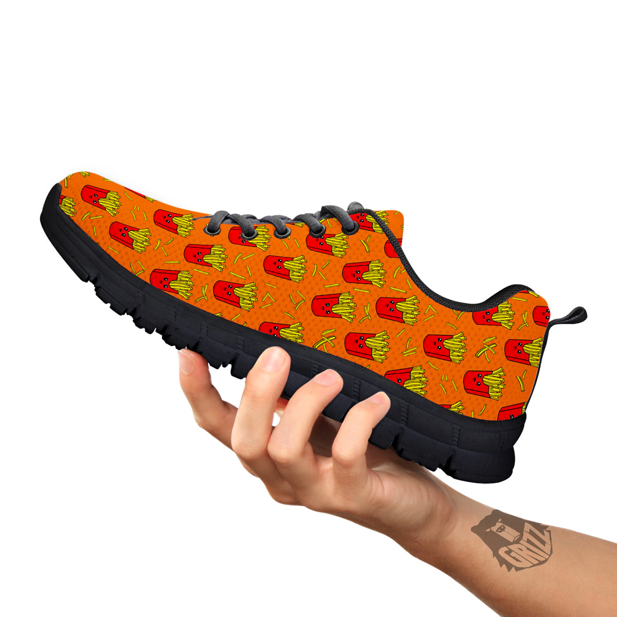 French Fries Cartoon Print Pattern Black Sneaker-grizzshop