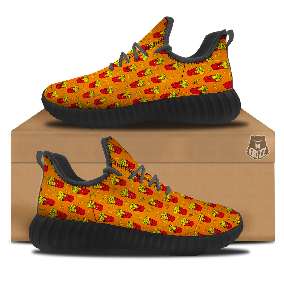 French Fries Cartoon Print Pattern Black Walking Shoes-grizzshop