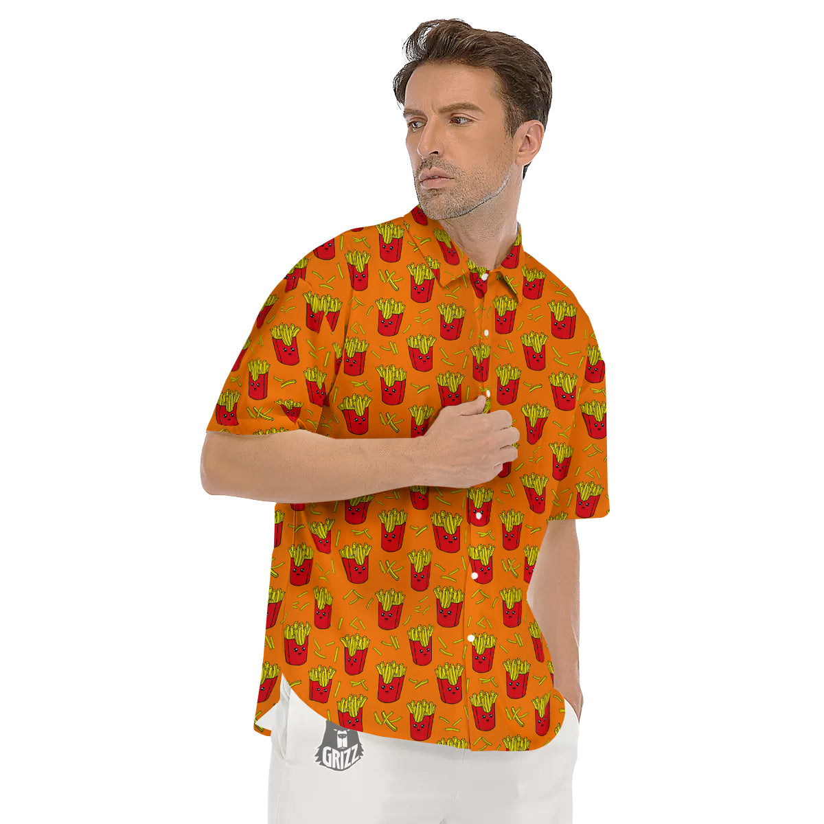 French Fries Cartoon Print Pattern Men's Short Sleeve Shirts-grizzshop