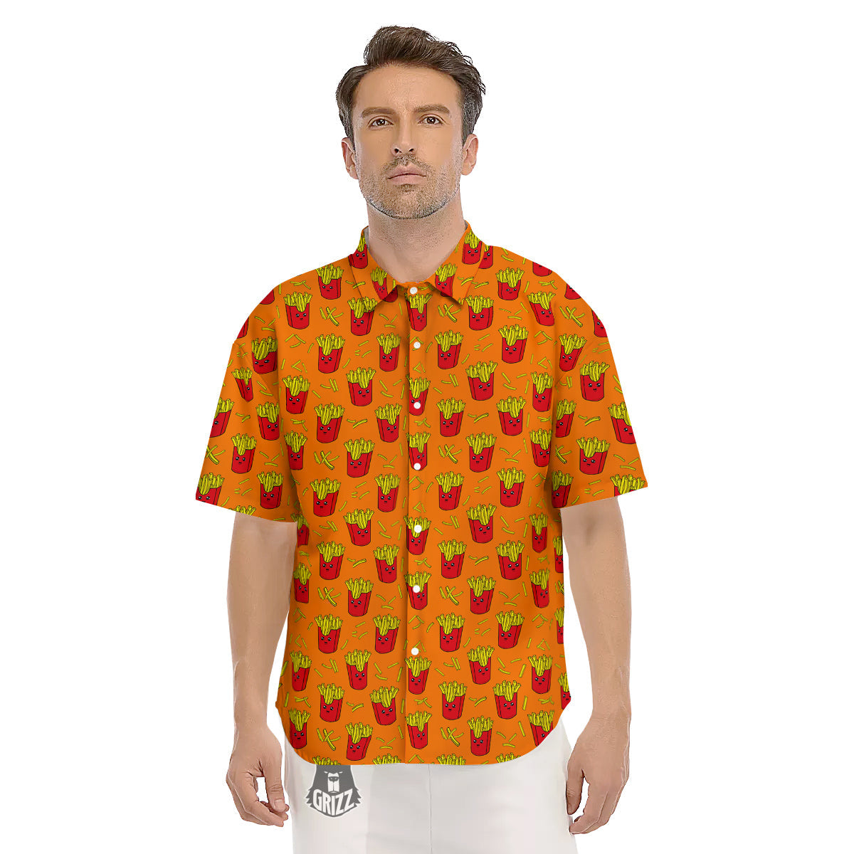 French Fries Cartoon Print Pattern Men's Short Sleeve Shirts-grizzshop