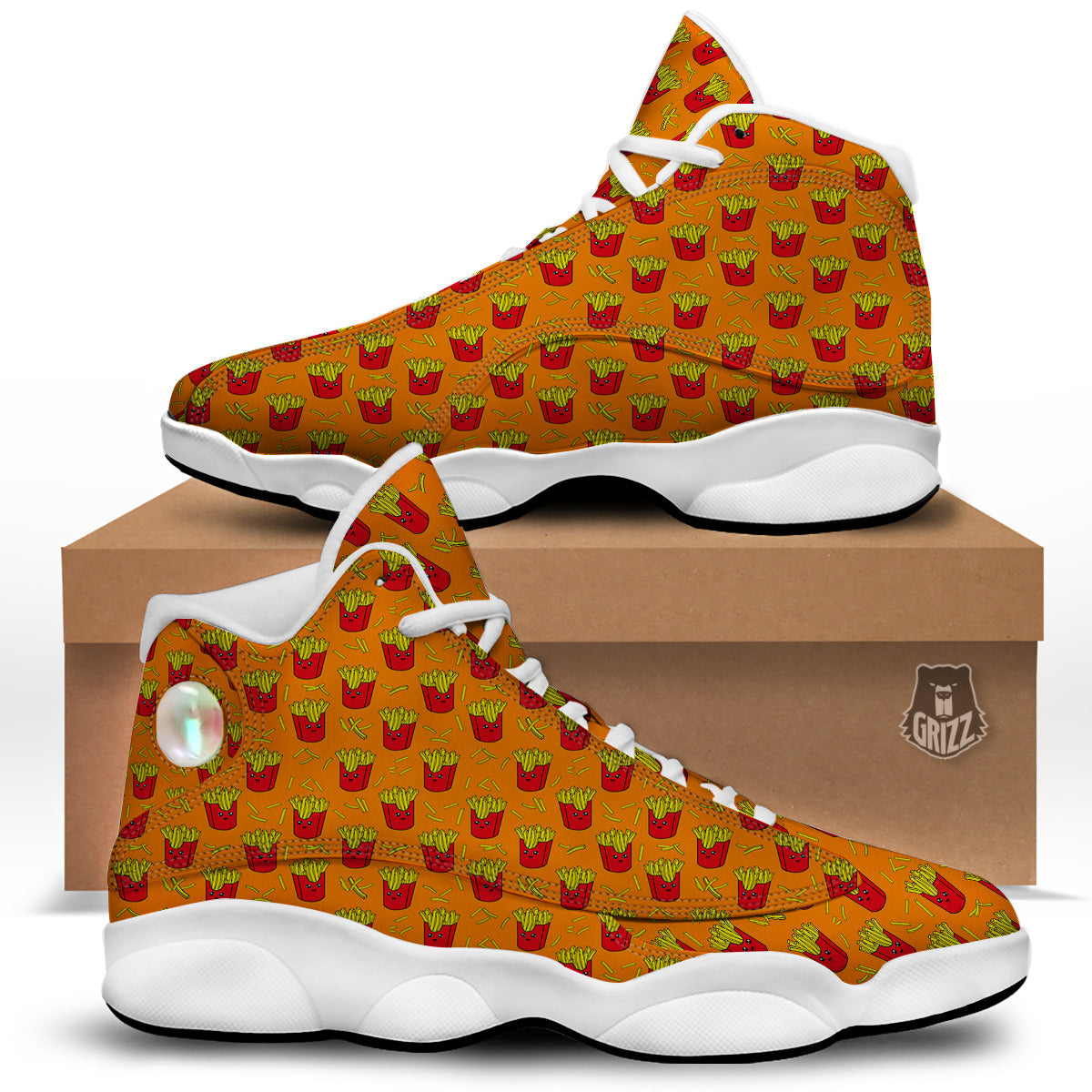 French Fries Cartoon Print Pattern White Basketball Shoes-grizzshop