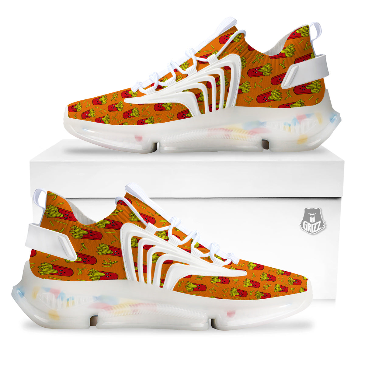 French Fries Cartoon Print Pattern White Gym Shoes-grizzshop