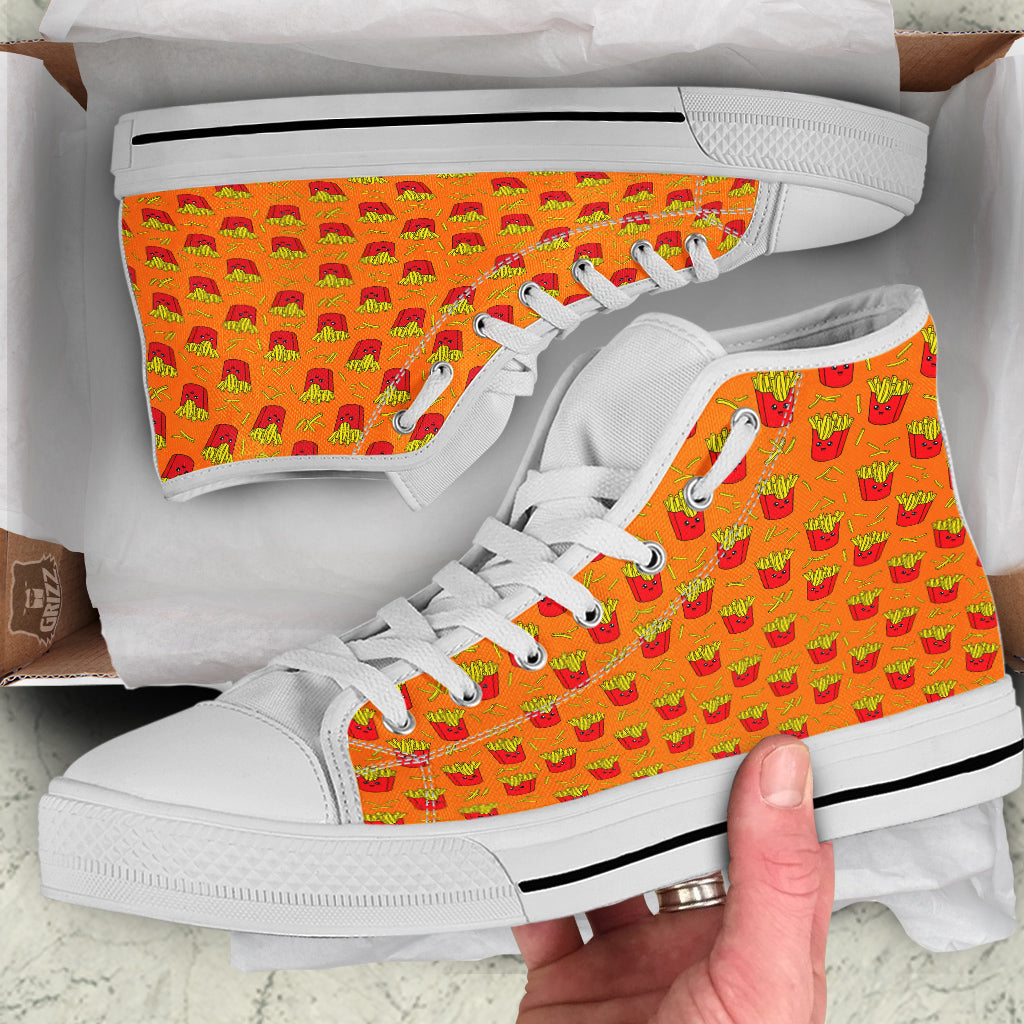 French Fries Cartoon Print Pattern White High Top Shoes-grizzshop