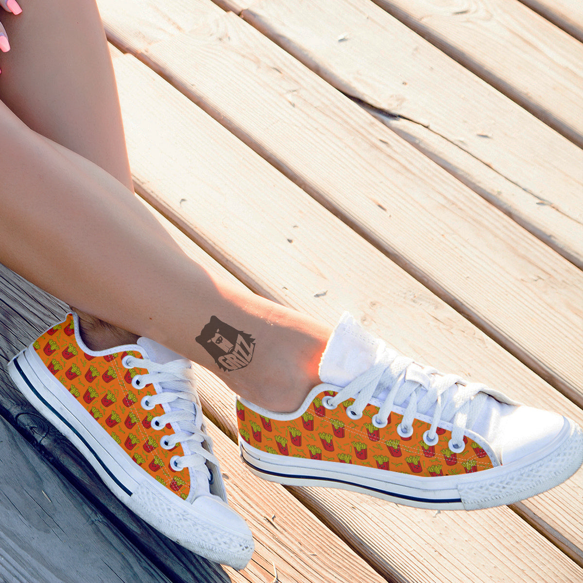 French Fries Cartoon Print Pattern White Low Top Shoes-grizzshop
