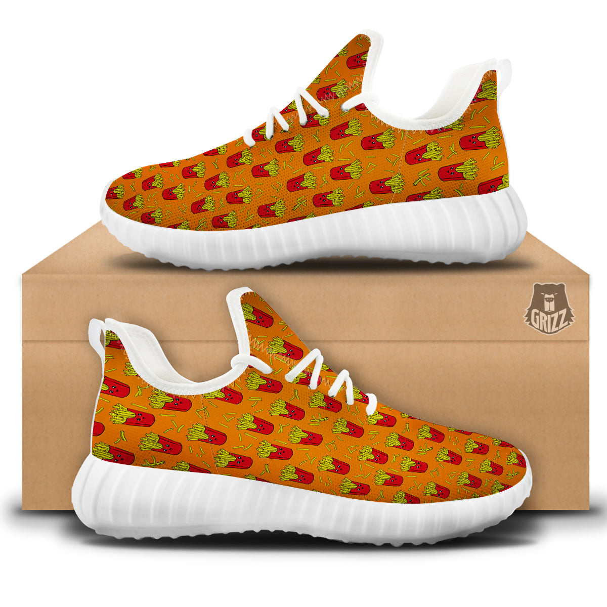 French Fries Cartoon Print Pattern White Walking Shoes-grizzshop