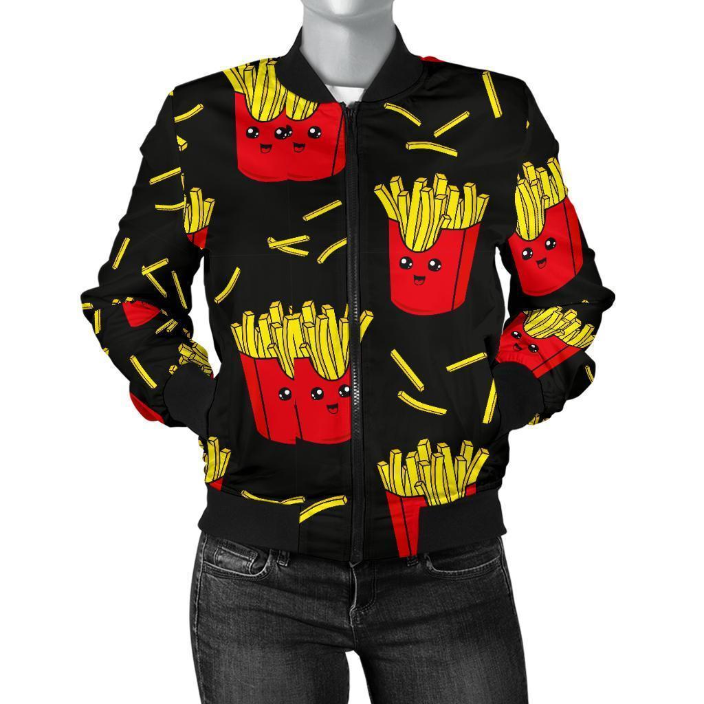 French Fries Cartoon Print Pattern Women Casual Bomber Jacket-grizzshop