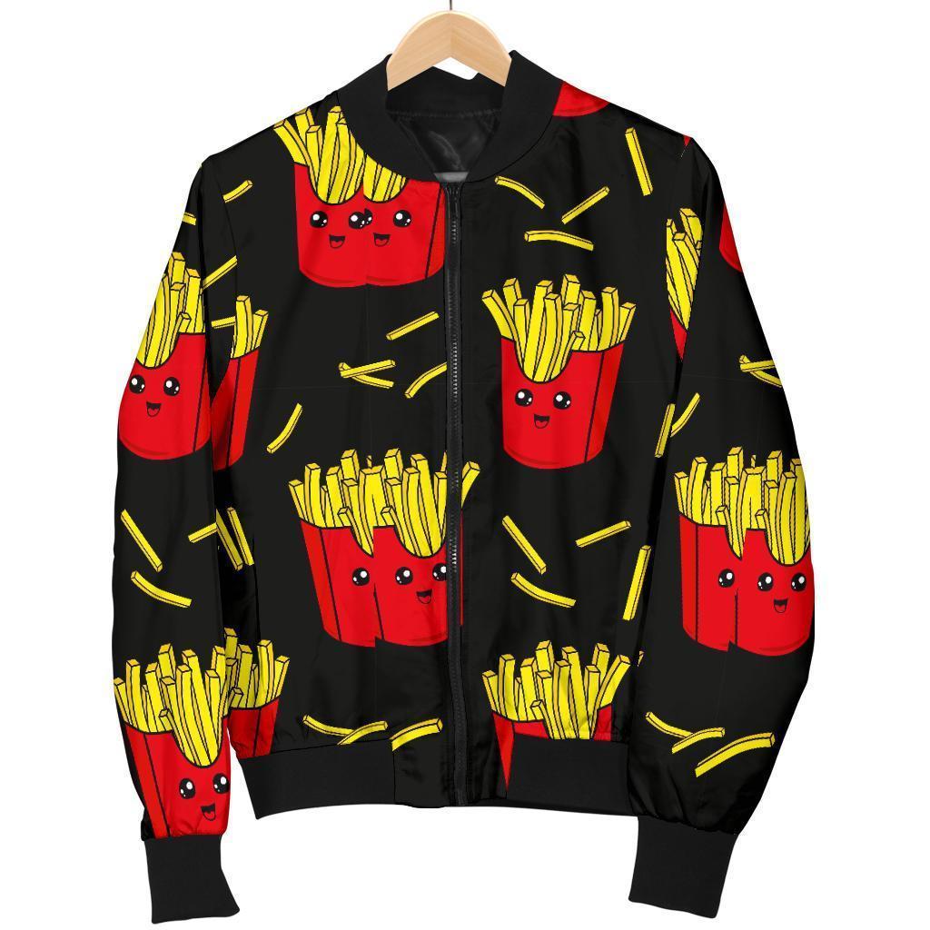 French Fries Cartoon Print Pattern Women Casual Bomber Jacket-grizzshop
