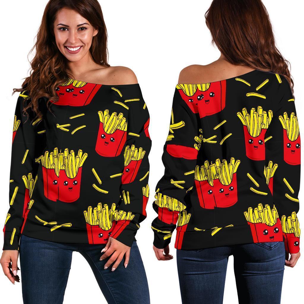 French Fries Cartoon Print Pattern Women Off Shoulder Sweatshirt-grizzshop