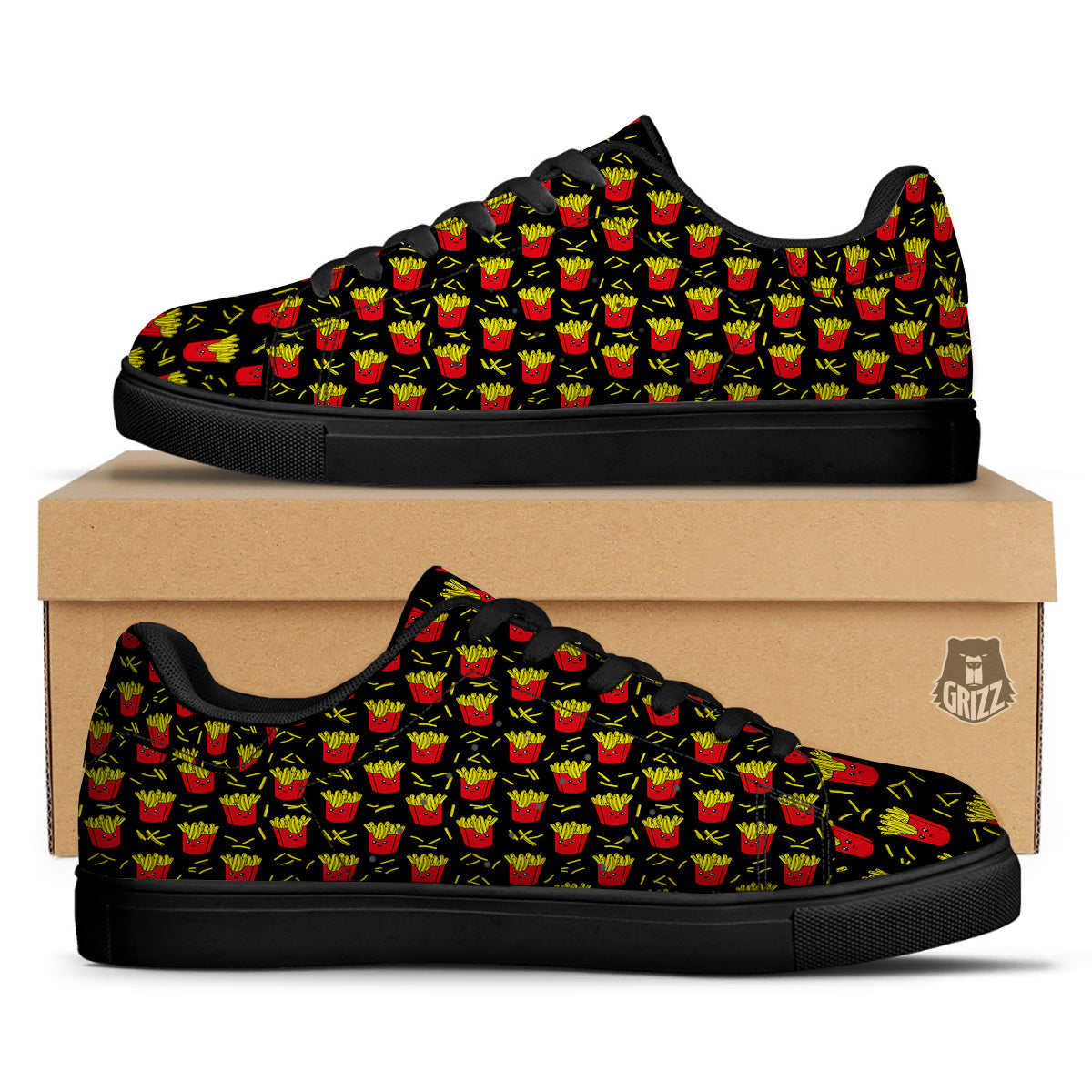 French Fries Cute Print Pattern Black Low Top Sneakers-grizzshop