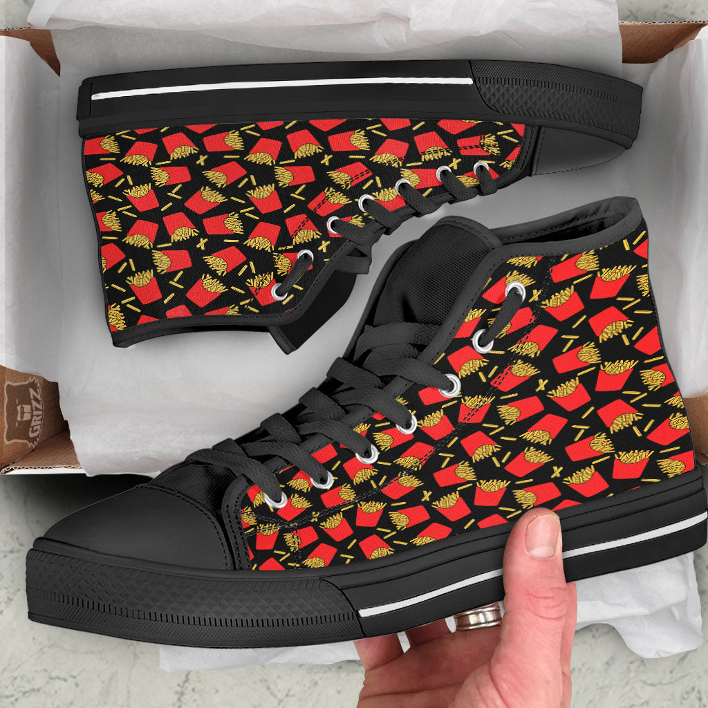 French Fries Doodle Print Pattern Black High Top Shoes-grizzshop
