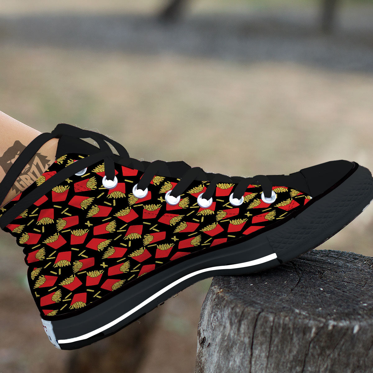 French Fries Doodle Print Pattern Black High Top Shoes-grizzshop
