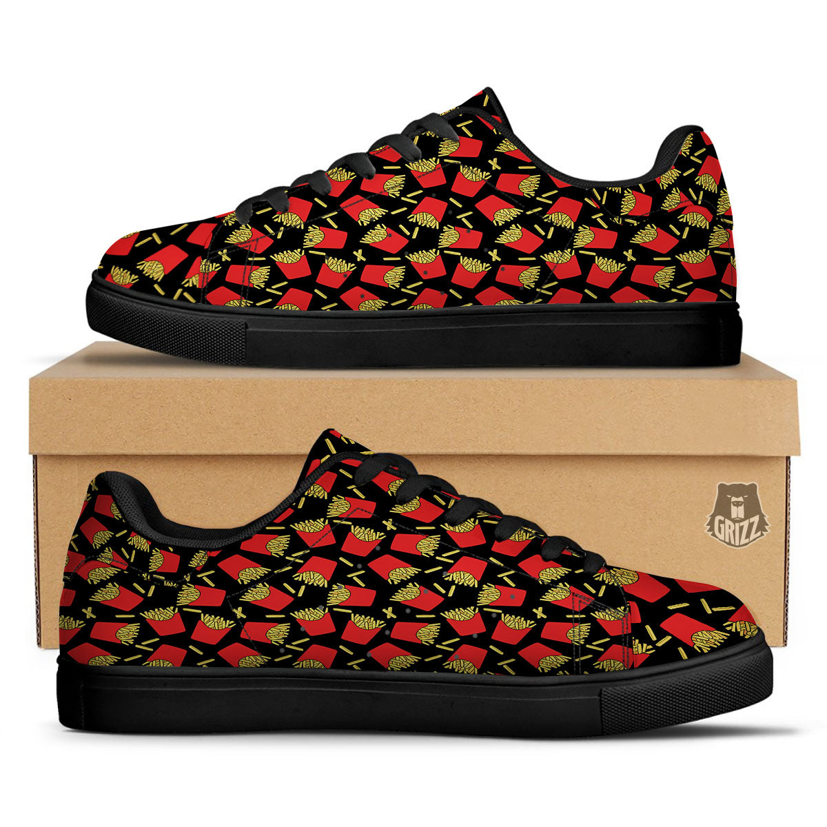 French Fries Doodle Print Pattern Black Low Top Sneakers-grizzshop