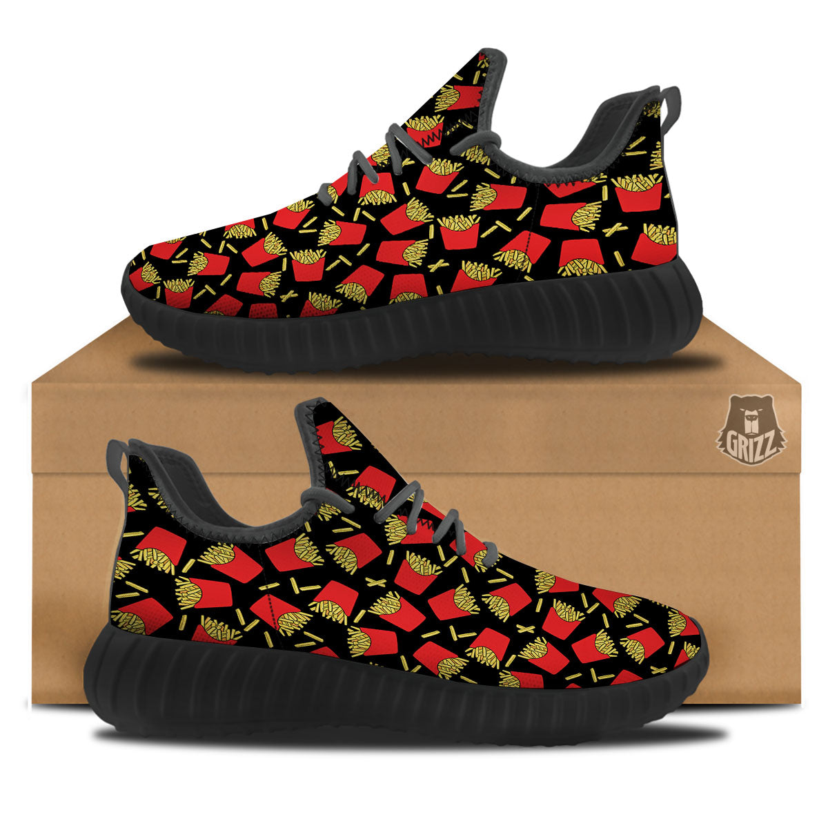 French Fries Doodle Print Pattern Black Walking Shoes-grizzshop