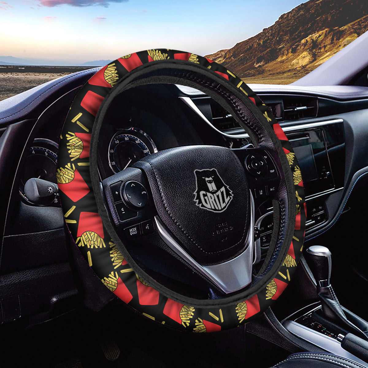 French Fries Doodle Print Pattern Car Steering Wheel Cover-grizzshop