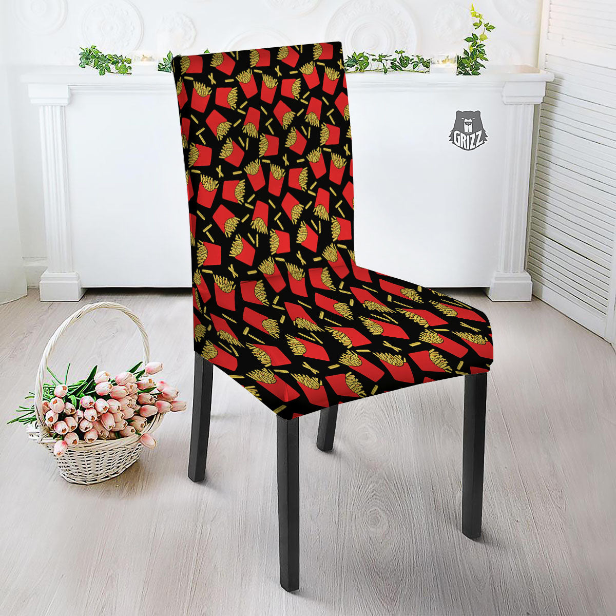 French Fries Doodle Print Pattern Dining Chair Slipcover-grizzshop