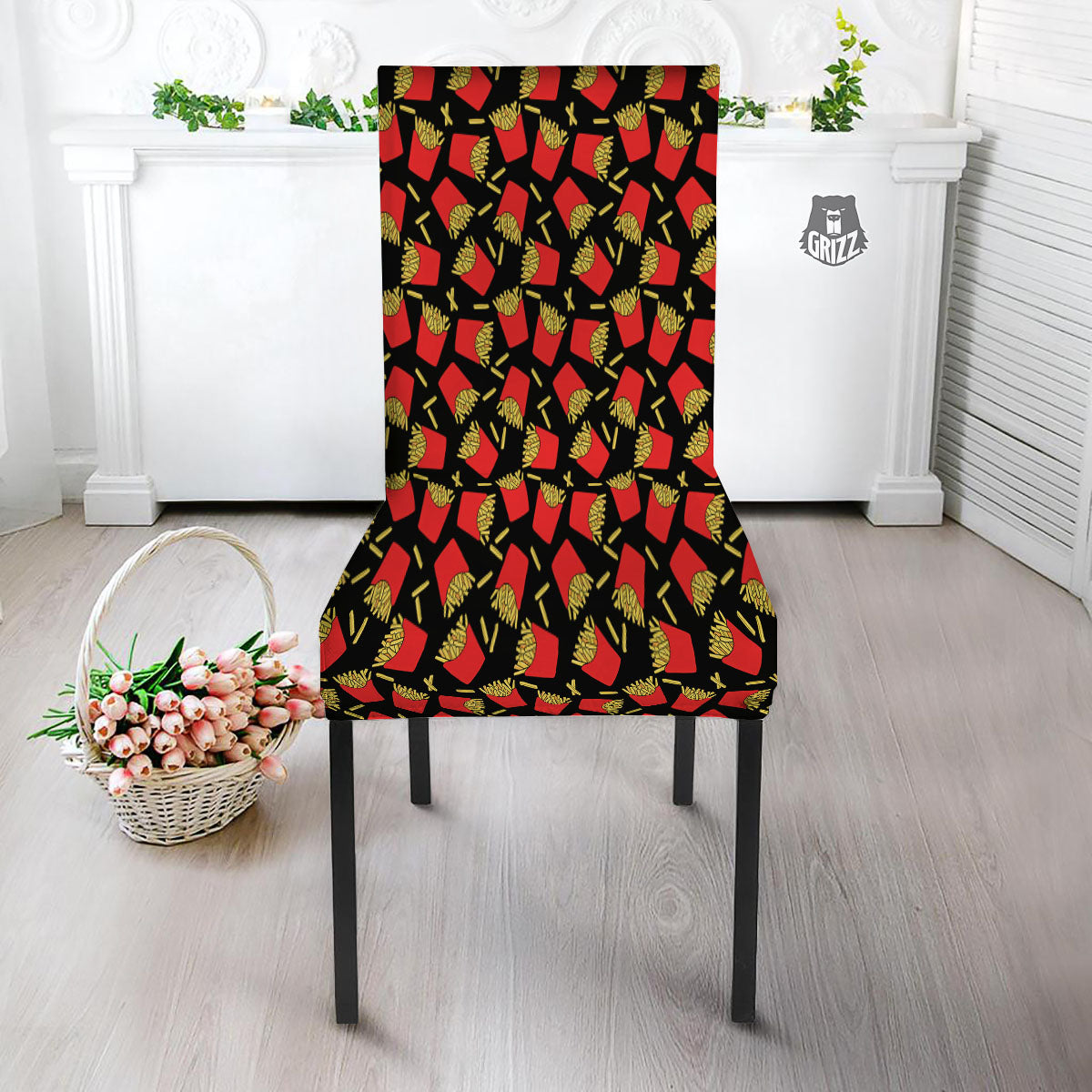 French Fries Doodle Print Pattern Dining Chair Slipcover-grizzshop