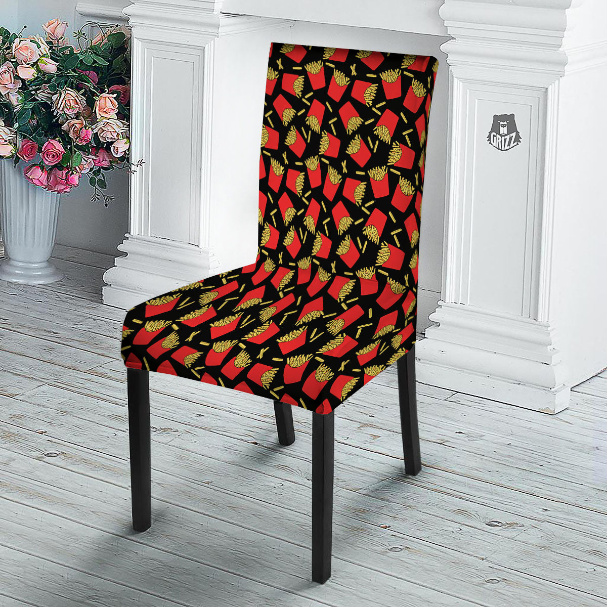 French Fries Doodle Print Pattern Dining Chair Slipcover-grizzshop