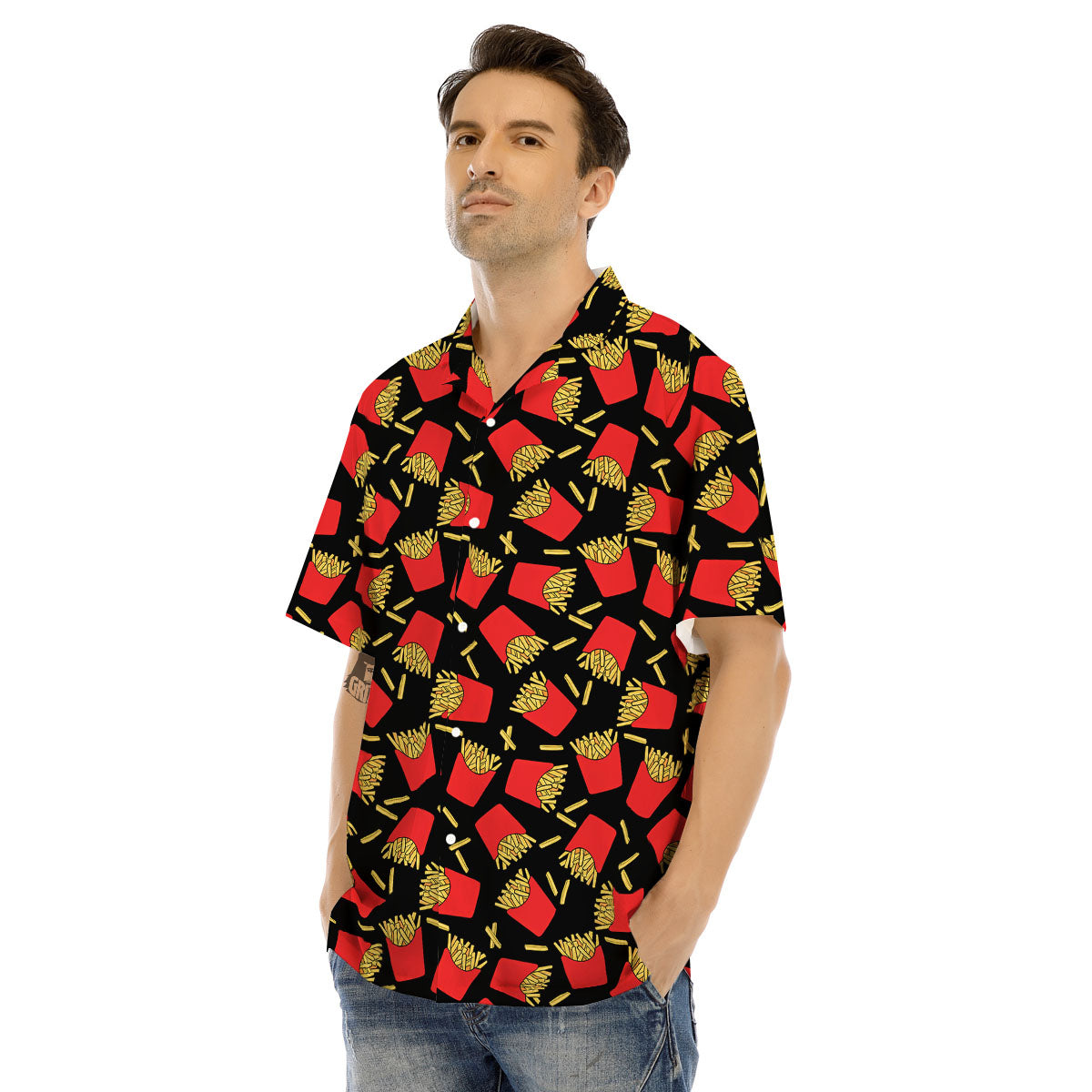 French Fries Doodle Print Pattern Men's Hawaiian Shirt-grizzshop