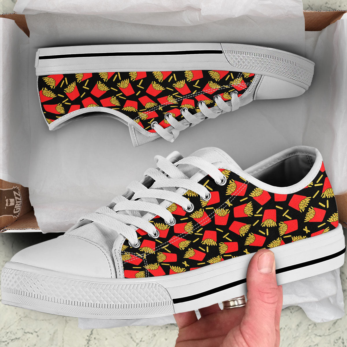 French Fries Doodle Print Pattern White Low Top Shoes-grizzshop