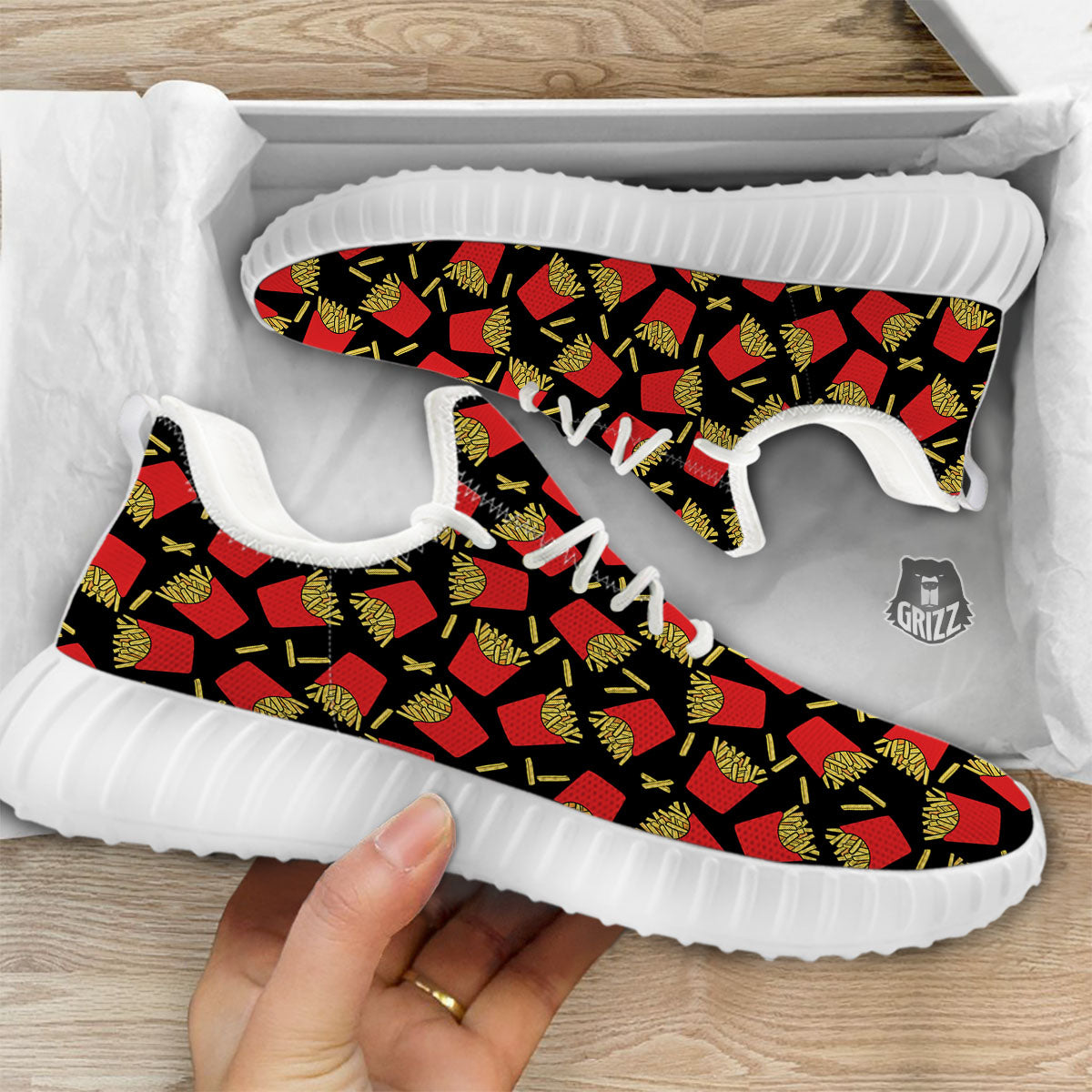 French Fries Doodle Print Pattern White Walking Shoes-grizzshop