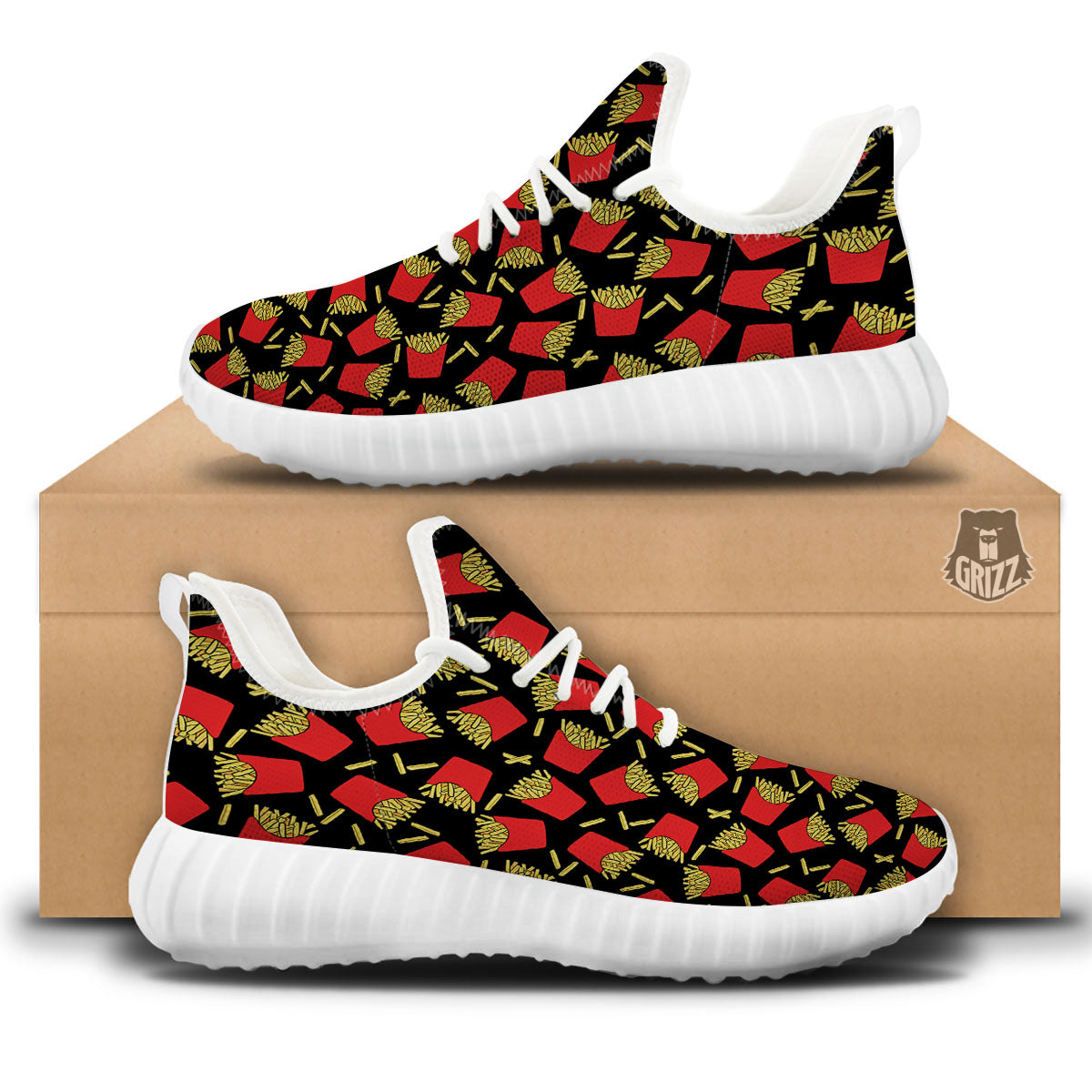 French Fries Doodle Print Pattern White Walking Shoes-grizzshop