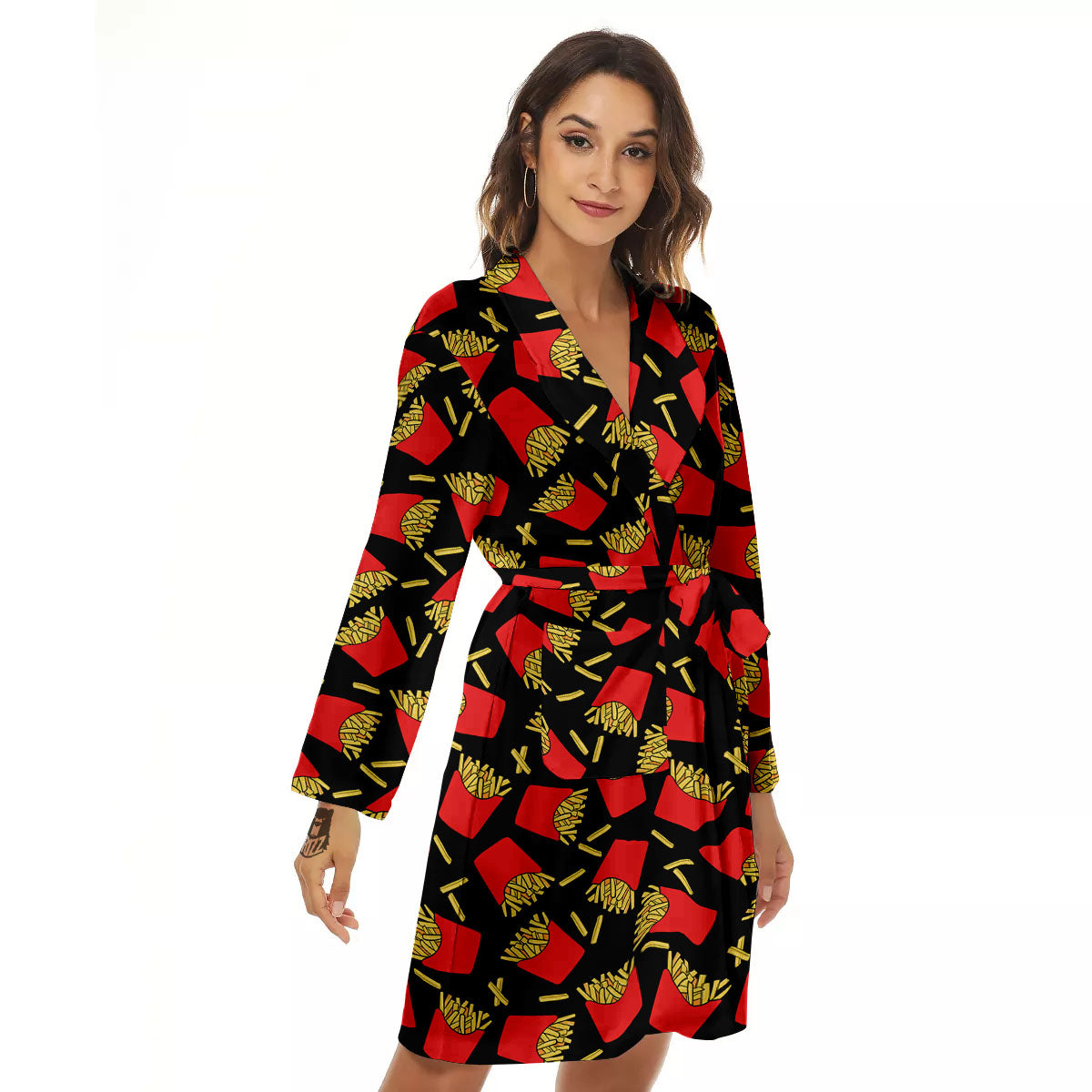 French Fries Doodle Print Pattern Women's Robe-grizzshop