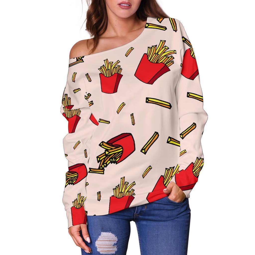 French Fries Pattern Print Women Off Shoulder Sweatshirt-grizzshop
