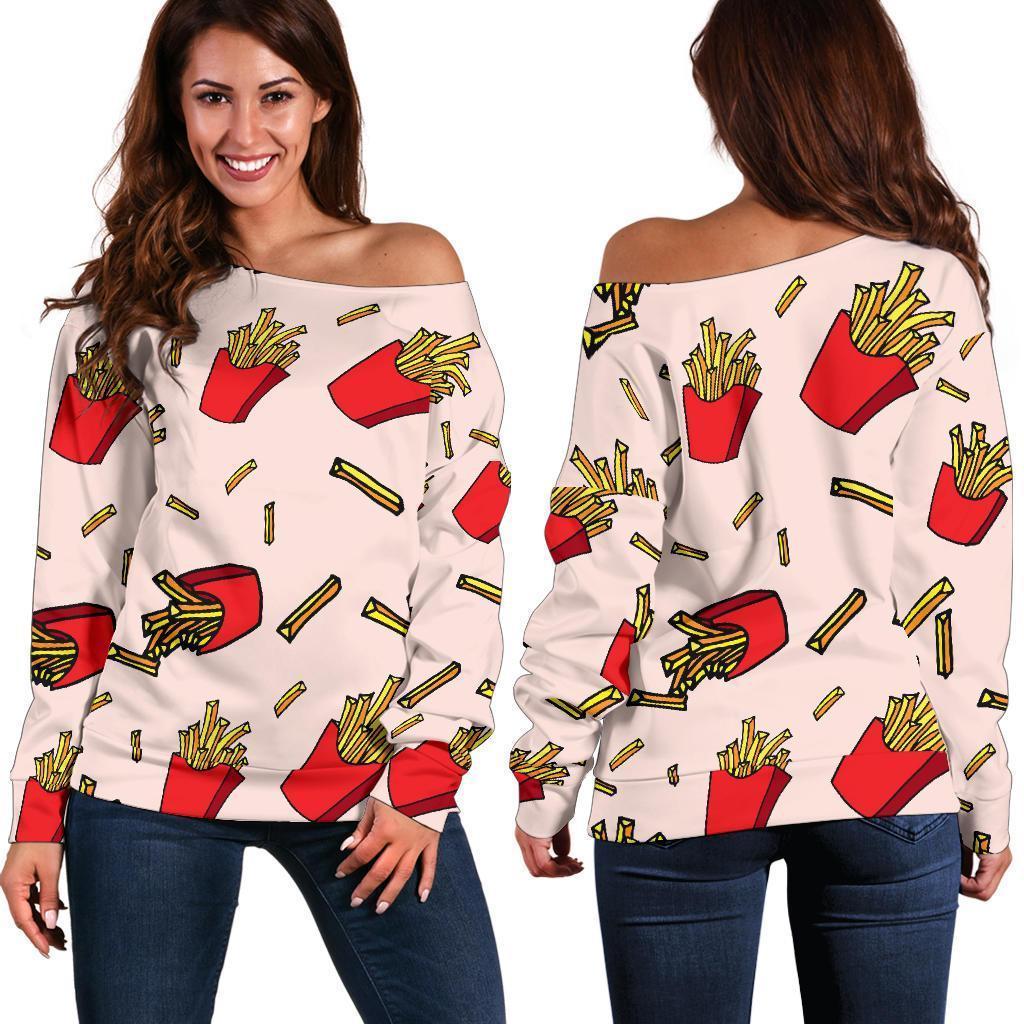 French Fries Pattern Print Women Off Shoulder Sweatshirt-grizzshop