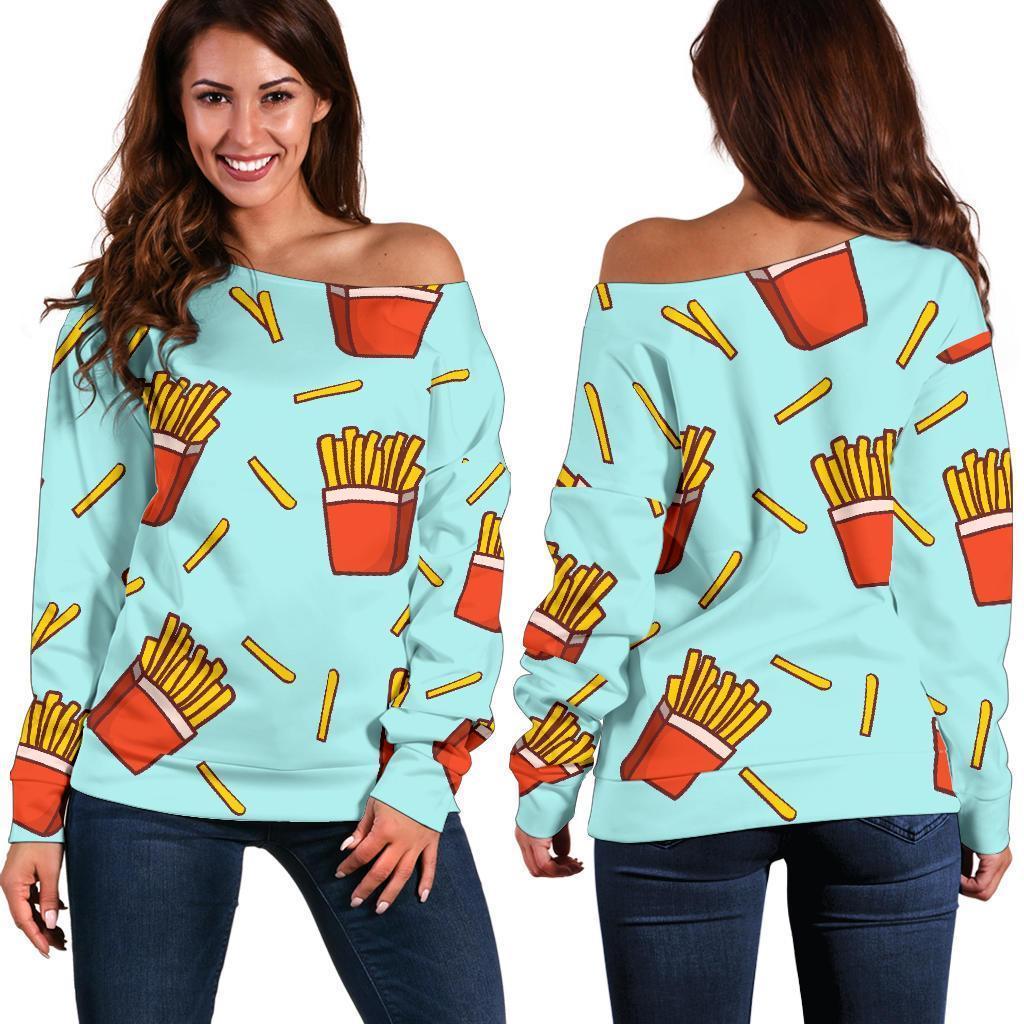 French Fries Print Pattern Women Off Shoulder Sweatshirt-grizzshop