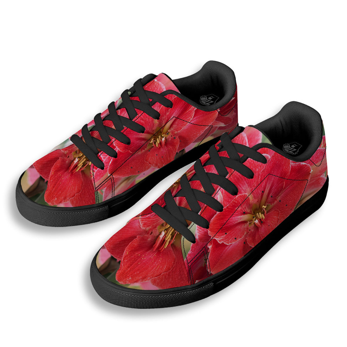 Fresh Amaryllis Print Black Low Top Sneakers-grizzshop