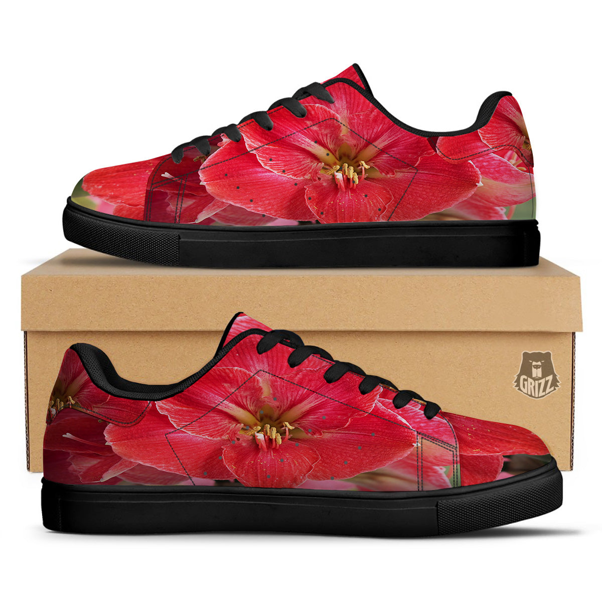 Fresh Amaryllis Print Black Low Top Sneakers-grizzshop