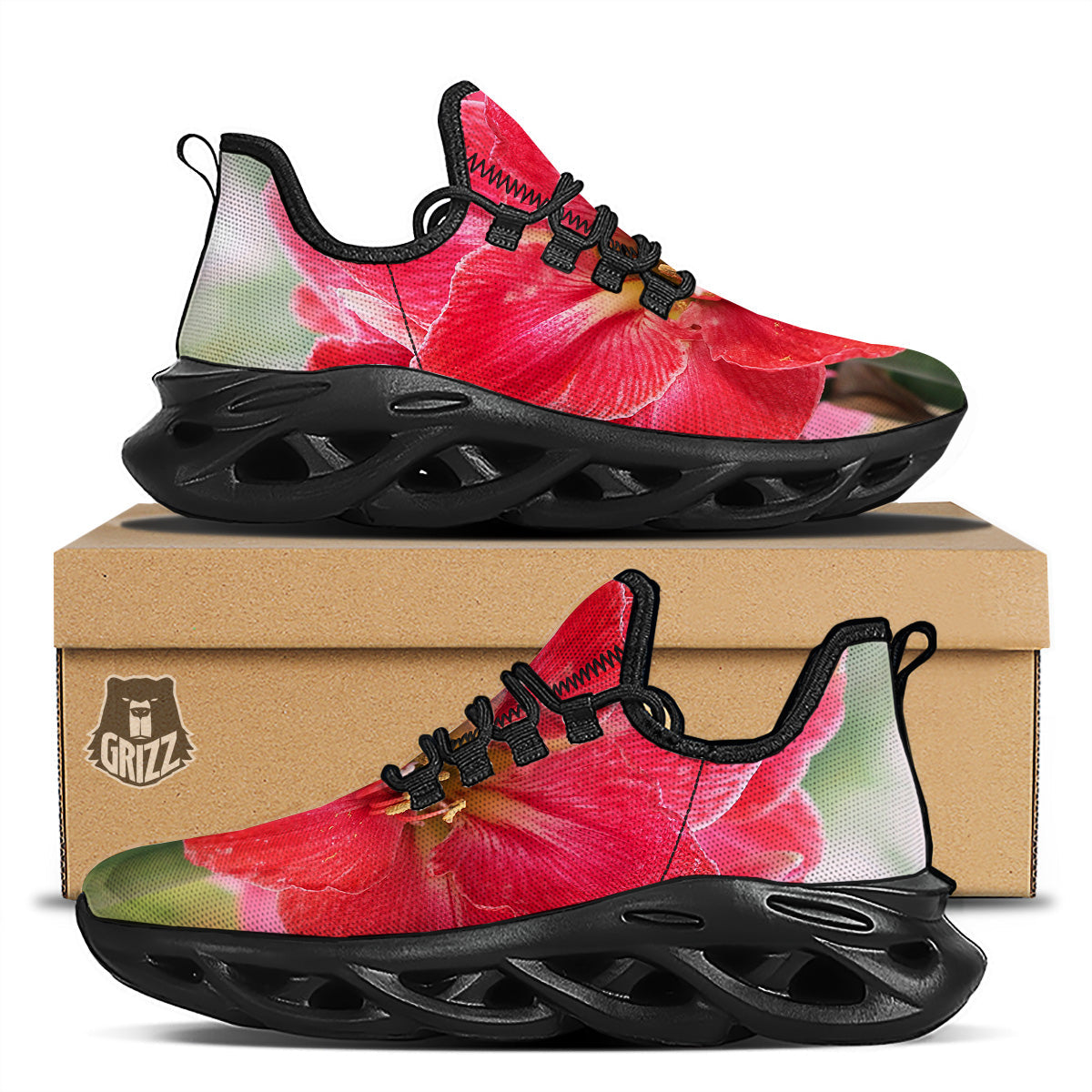 Fresh Amaryllis Print Black Running Shoes-grizzshop
