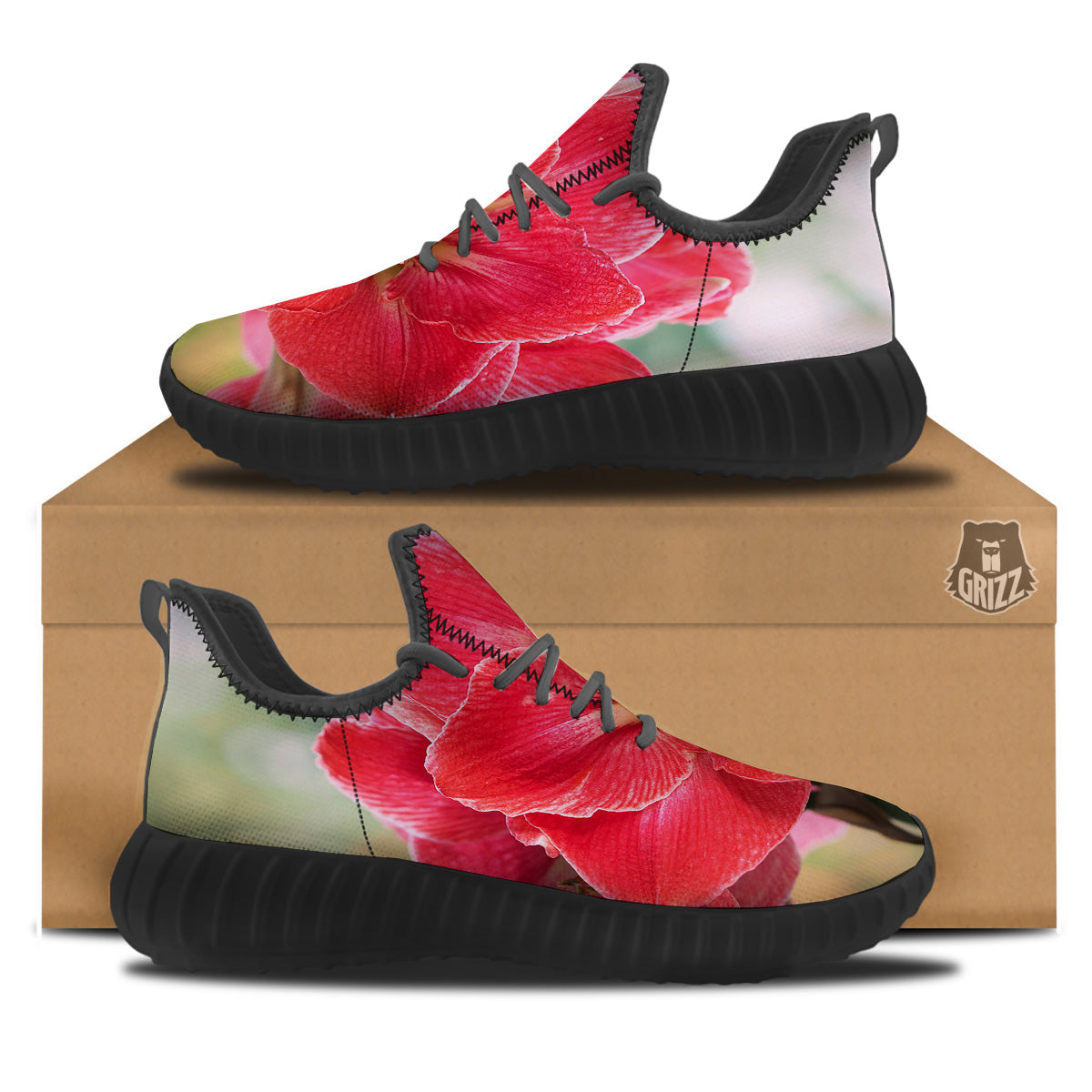 Fresh Amaryllis Print Black Walking Shoes-grizzshop