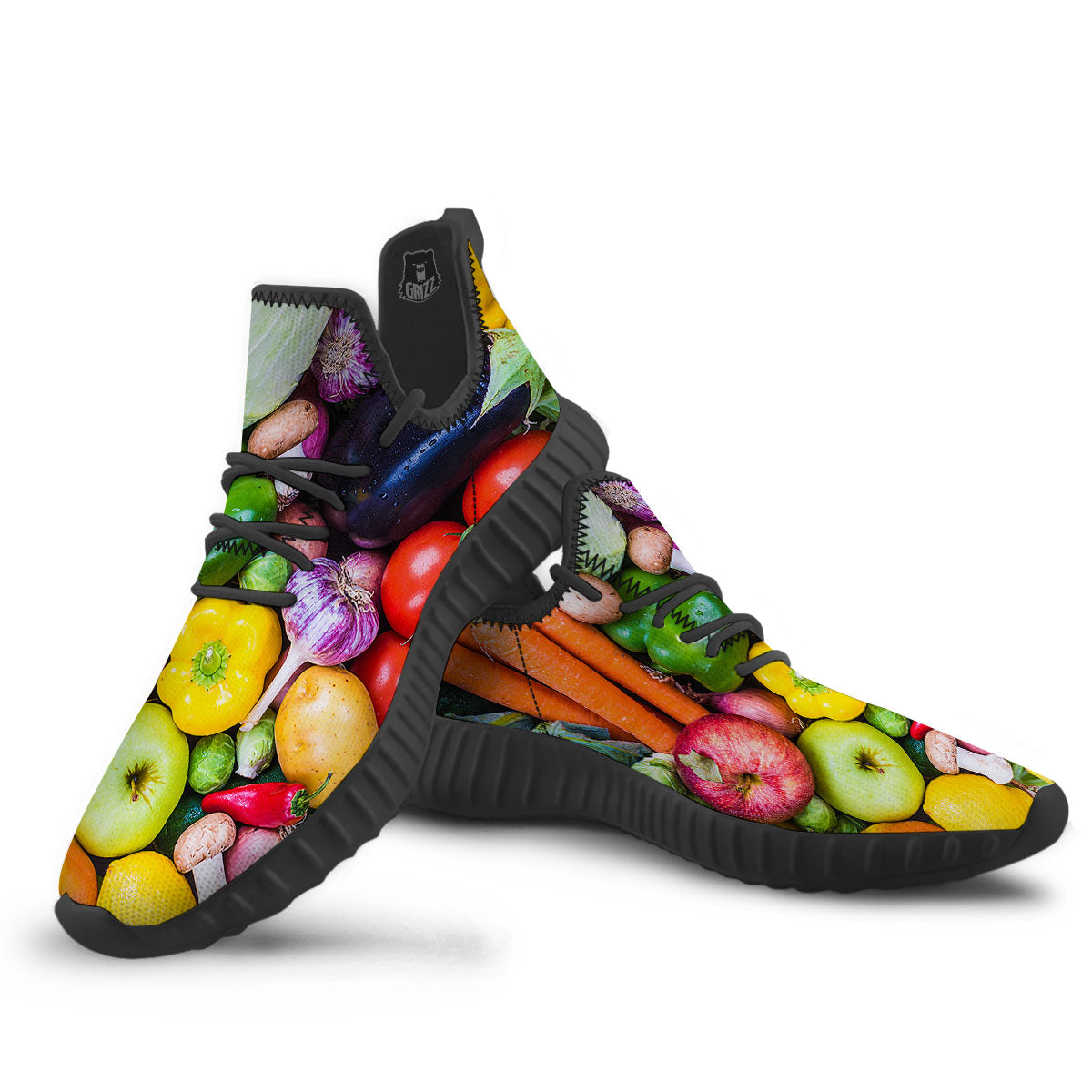 Fresh Green Fruit And Vegetables Print Black Walking Shoes-grizzshop